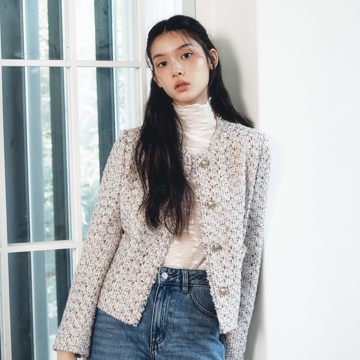 [N판배자배송] [슈퍼적립] 로엠 칼라리스 트위드 자켓 RMJKF49S51