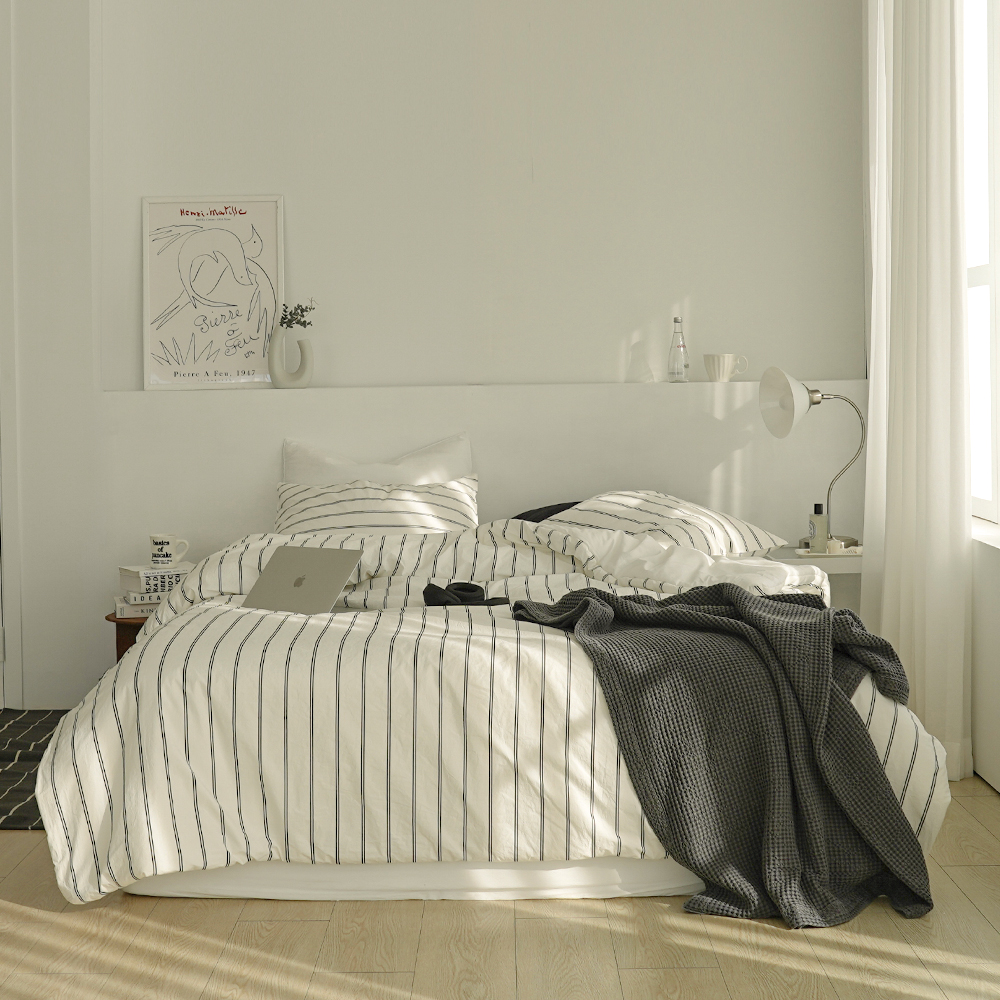 [단독] 뮤즈 라인 고밀도 바이오워싱 스트라이프 순면 호텔식 차렵이불 SS+ 이불가방세트