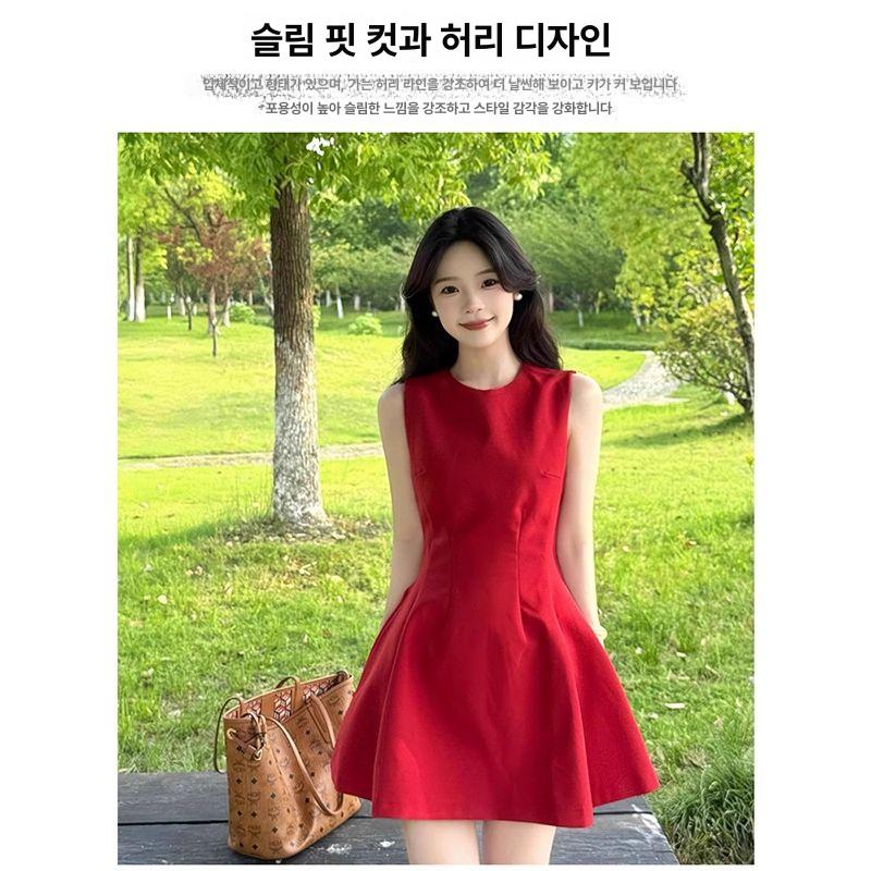 여성 빨강 원피스 민소매 나시 데이트룩 레이어드 와인레드 무슬렙 원피스 짧은기장 S - 상세 이미지 5