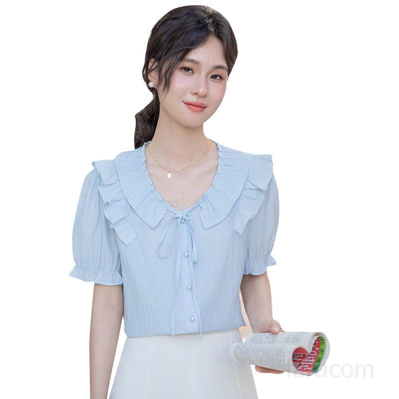 여성 여름 퍼프 슬리브 V넥 반팔 셔츠 시원한 착용감 러플 디자인 데일리룩 캐주얼 스타일 모던한 외출용 블라우스 - 상세 이미지 5