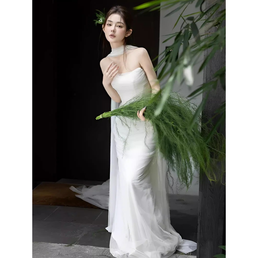 드레스 화이트 웨딩 약혼 스냅 브라이덜샤워 원피스 이브닝 리마인드 결혼식 - 상세 이미지 4