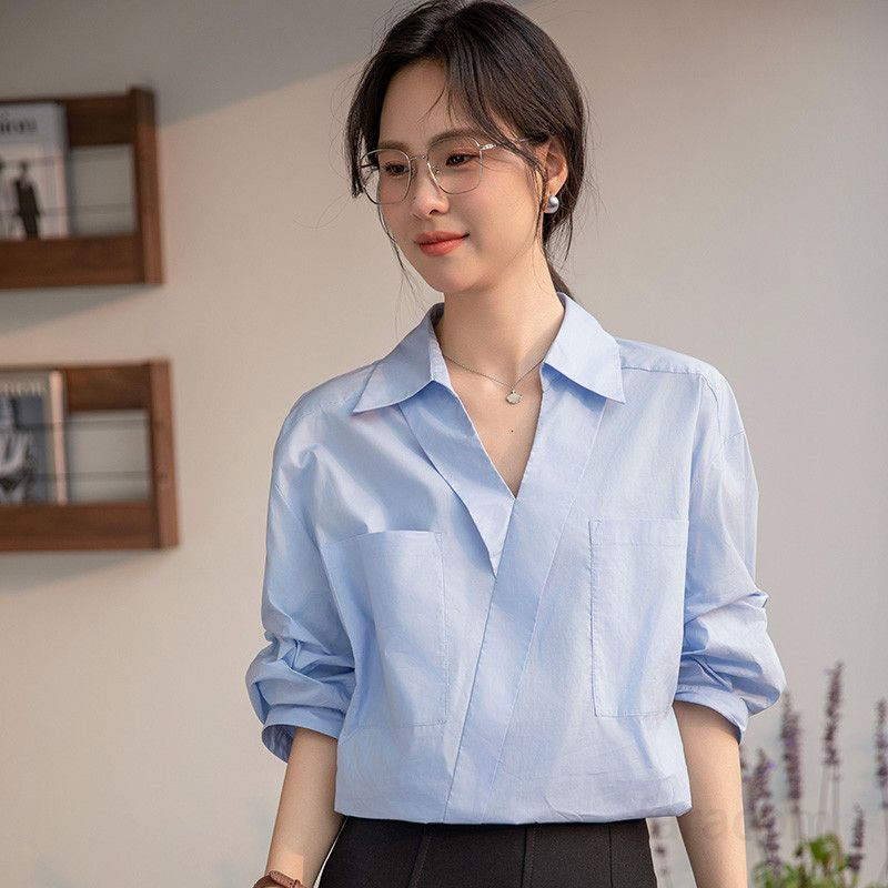 여성용 화이트 V넥 반팔 블라우스 여름 데일리 루즈핏 랜턴 슬리브 통근용 편안한 착용감 스타일리시한 포켓 디자인 - 상세 이미지 4