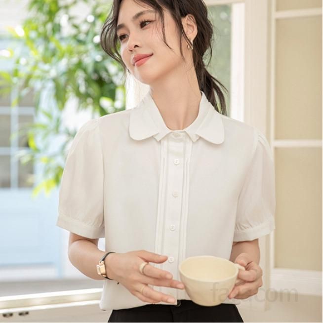 여성 여름 화이트 블라우스 반팔 더블 레이어 인형 칼라 시원한 출퇴근용 데일리 셔츠 스타일링 쉬운 실용적인 디자인 - 상품 이미지