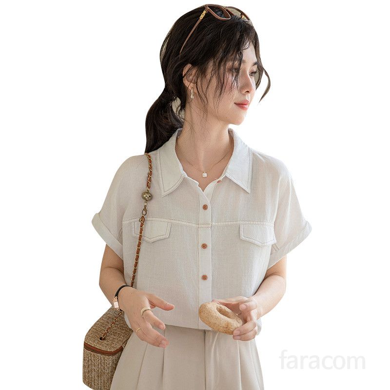 여성 여름 블라우스 루즈핏 드레이프 반팔 셔츠 시원한 착용감 데일리 스타일 모던한 디자인 편안한 외출용 - 상세 이미지 5