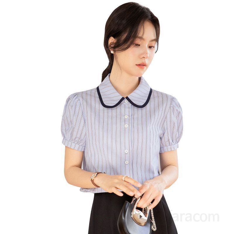 여성 여름 퍼프 슬리브 스트라이프 셔츠 데일리 통근용 시원한 착용감 블라우스 스타일리시한 디자인 - 상세 이미지 5