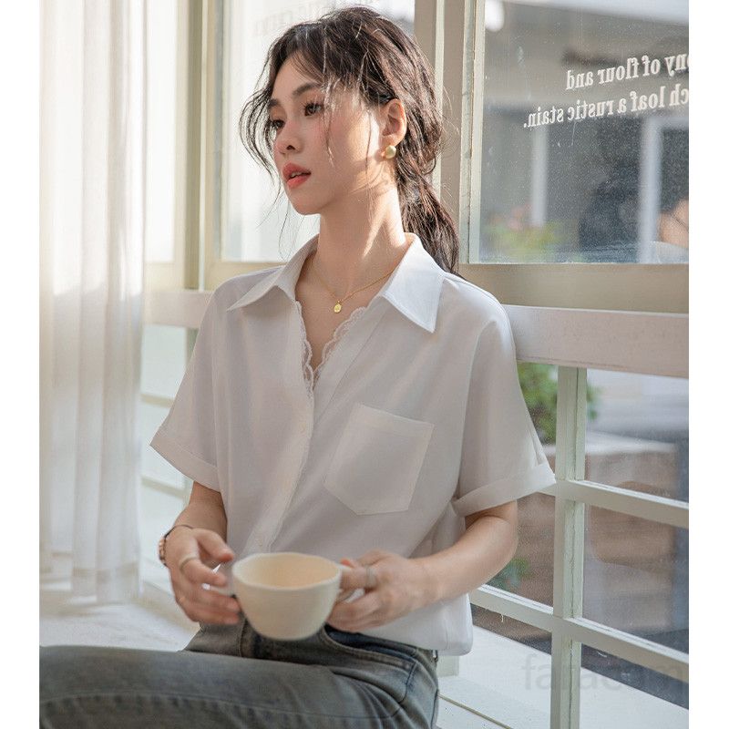 여성 여름 레이스 블라우스 반팔 V넥 셔츠 시원한 착용감 출퇴근 데일리 스타일 얇은 디자인 화이트 색상 - 상세 이미지 2