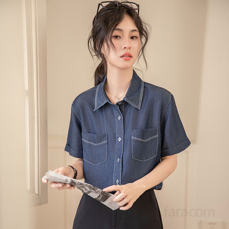 여성 여름 데님 셔츠 반팔 루즈핏 티셔츠 얇은 레이어드 스타일 시원한 착용감 캐주얼 외출용 데일리 블라우스 - 상품 이미지
