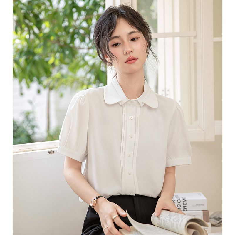 여성 여름 화이트 블라우스 반팔 더블 레이어 인형 칼라 시원한 출퇴근용 데일리 셔츠 스타일링 쉬운 실용적인 디자인 - 상세 이미지 4