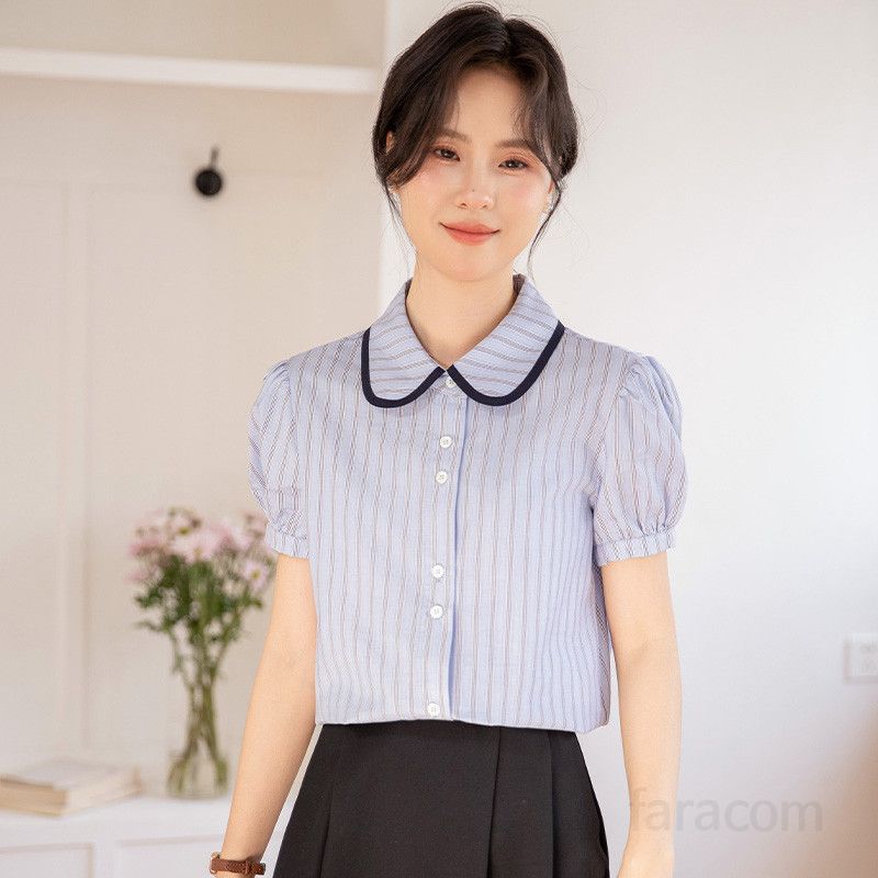여성 여름 퍼프 슬리브 스트라이프 셔츠 데일리 통근용 시원한 착용감 블라우스 스타일리시한 디자인 - 상세 이미지 2