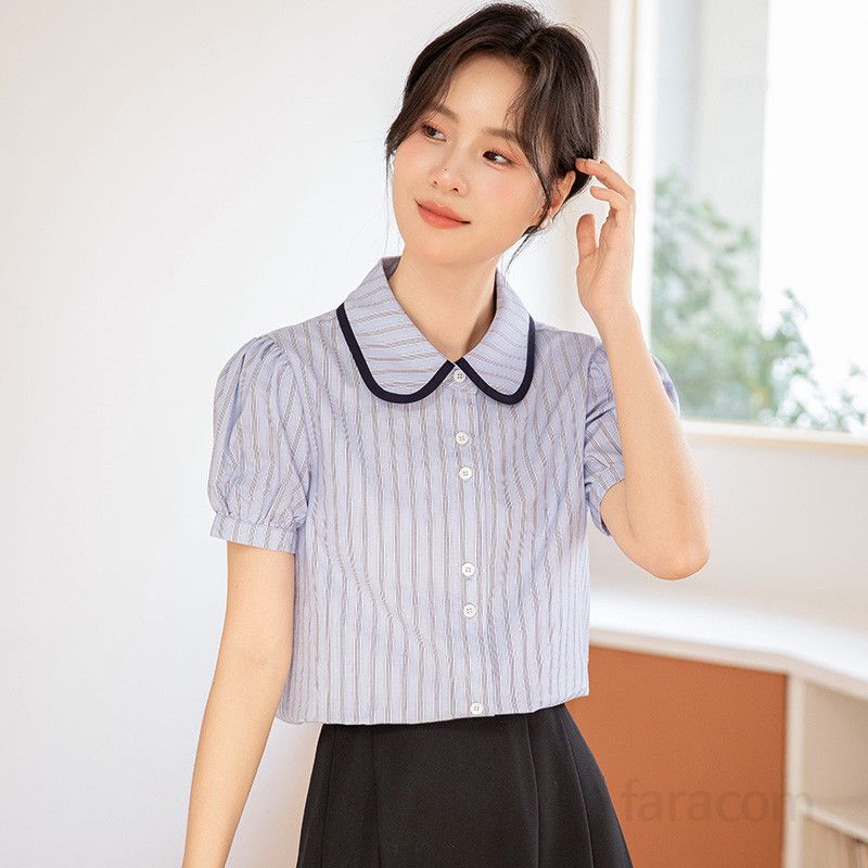 여성 여름 퍼프 슬리브 스트라이프 셔츠 데일리 통근용 시원한 착용감 블라우스 스타일리시한 디자인 - 상세 이미지 3