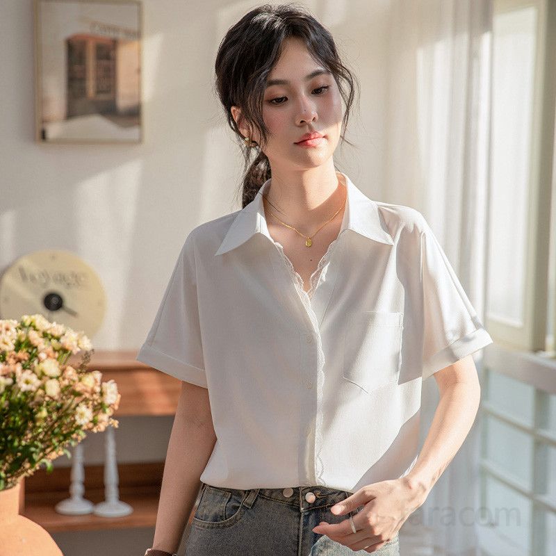 여성 여름 레이스 블라우스 반팔 V넥 셔츠 시원한 착용감 출퇴근 데일리 스타일 얇은 디자인 화이트 색상 - 상세 이미지 3