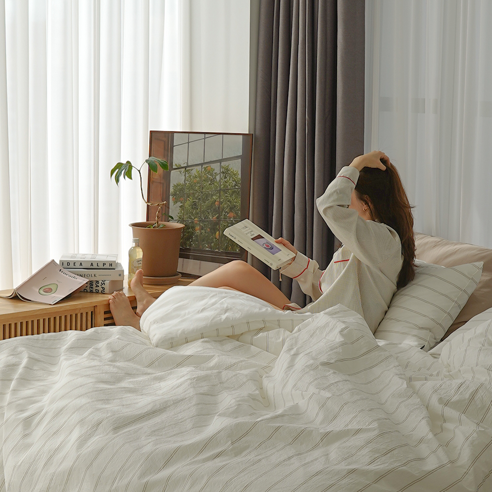 [단독] 뮤즈 라인 고밀도 바이오워싱 스트라이프 순면 호텔식 차렵이불 SS+ 이불가방세트