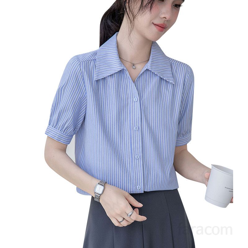 여성 여름 스트라이프 블라우스 프렌치 블루 반팔 셔츠 시원한 착용감 출퇴근 면접용 데일리 고급스러운 디자인 다재다능한 스타일 - 상세 이미지 4
