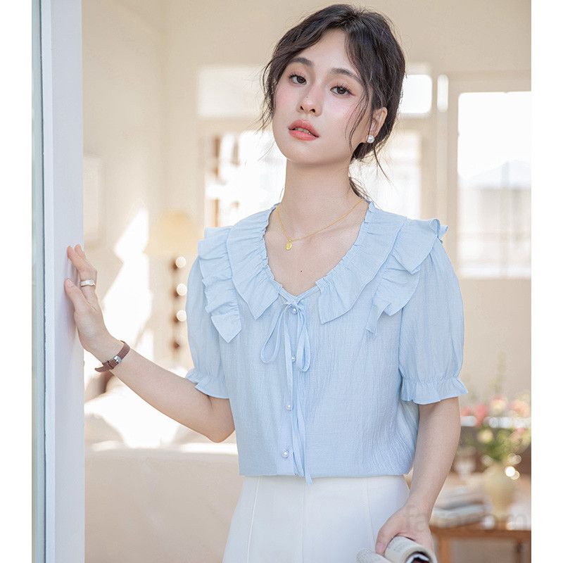 여성 여름 퍼프 슬리브 V넥 반팔 셔츠 시원한 착용감 러플 디자인 데일리룩 캐주얼 스타일 모던한 외출용 블라우스 - 상세 이미지 4