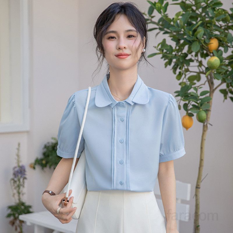여성 여름블라우스 반팔 인형칼라 더블레이어 디자인 통기성 좋은 데일리 셔츠 시원한 착용감 캐주얼 스타일 출근용 셔츠블라우스 - 상세 이미지 4