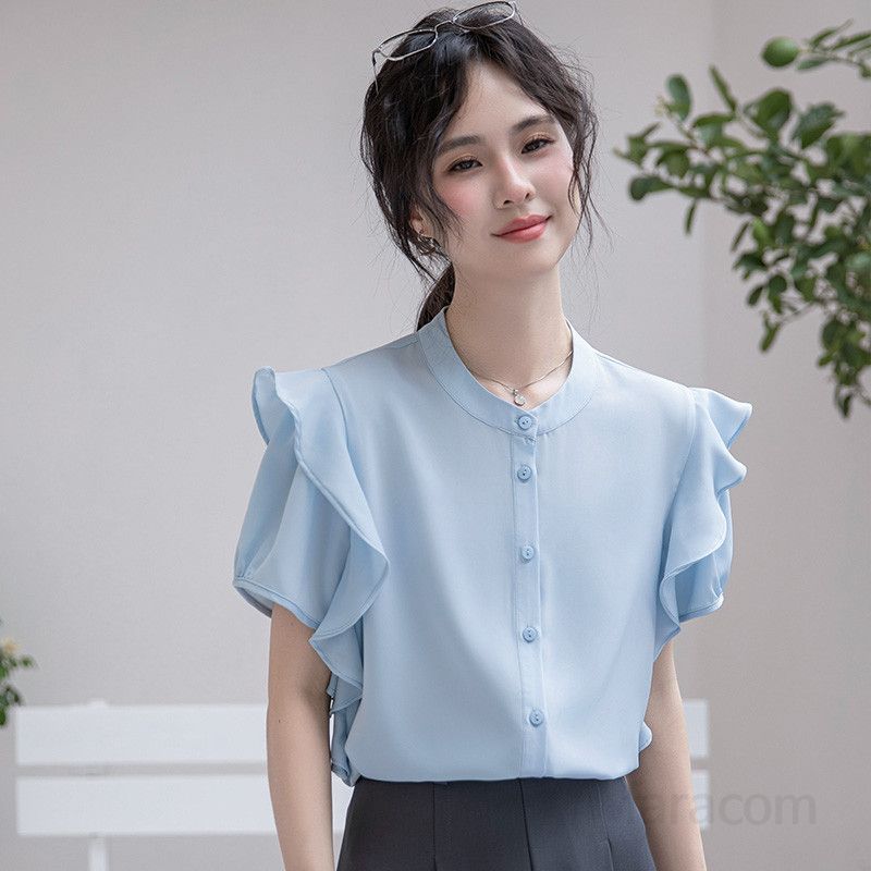 여성 쉬폰 블라우스 여름용 반팔 셔링 셔츠 고급스러운 루즈핏 시원한 착용감 데일리 캐주얼 스타일 오피스룩 활용 가능 - 상품 이미지