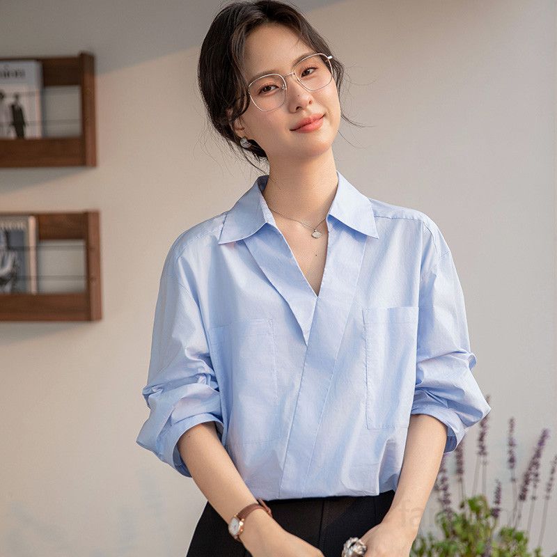 여성용 화이트 V넥 반팔 블라우스 여름 데일리 루즈핏 랜턴 슬리브 통근용 편안한 착용감 스타일리시한 포켓 디자인 - 상품 이미지