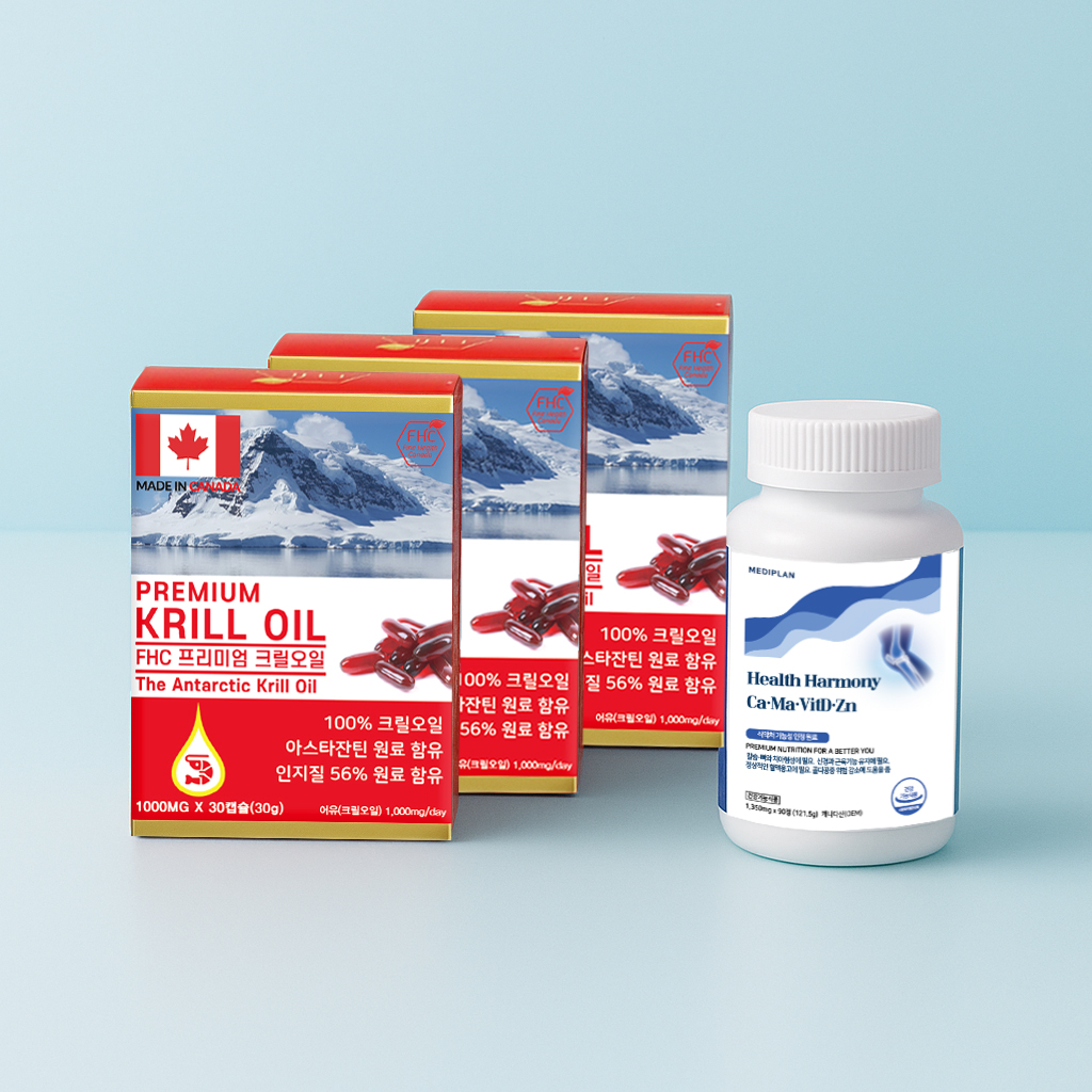 FHC 프리미엄 남극 크릴오일 1000mg 3개 + 헬스하모니 칼슘 마그네슘 비타민D 1개 - 상품 이미지