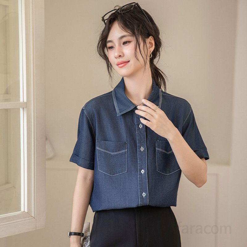 여성 여름 데님 셔츠 반팔 루즈핏 티셔츠 얇은 레이어드 스타일 시원한 착용감 캐주얼 외출용 데일리 블라우스 - 상세 이미지 4