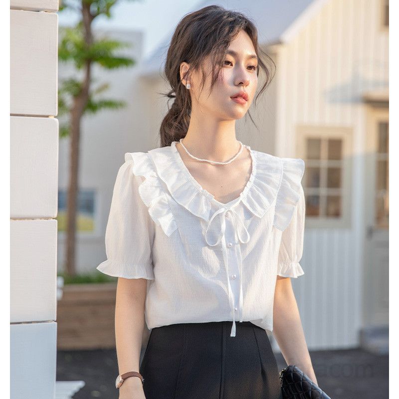 여성 여름 루즈핏 반팔 셔츠 러플 V넥 퍼프 슬리브 스타일 시원한 착용감 프렌치 무드 데일리 화이트블라우스 캐주얼 여성블라우스 - 상세 이미지 2