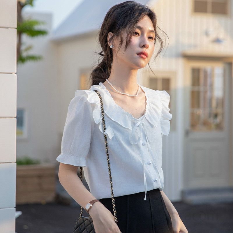 여성 여름 루즈핏 반팔 셔츠 러플 V넥 퍼프 슬리브 스타일 시원한 착용감 프렌치 무드 데일리 화이트블라우스 캐주얼 여성블라우스 - 상품 이미지