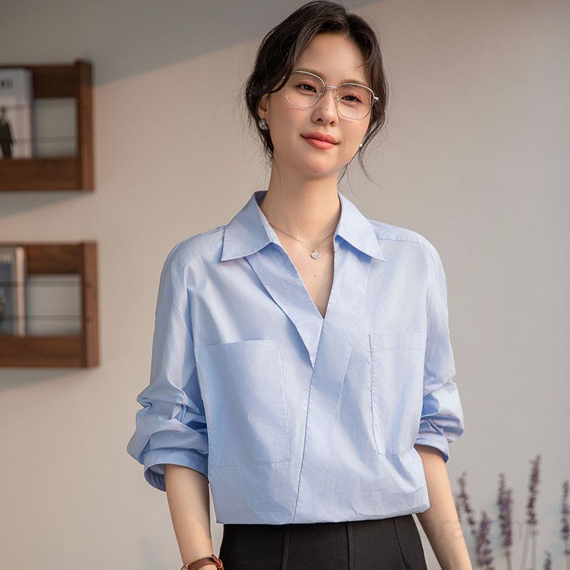 여성용 화이트 V넥 반팔 블라우스 여름 데일리 루즈핏 랜턴 슬리브 통근용 편안한 착용감 스타일리시한 포켓 디자인 - 상세 이미지 2
