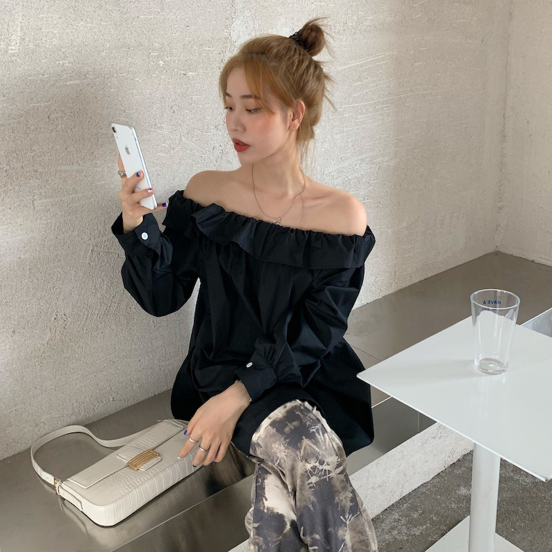 러플 블라우스 루즈핏 러블리 오프숄더 화이트 블랙 - 상세 이미지 5