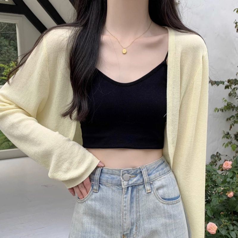 앙또드 볼레로 스판 니트 여자 크롭 가디건 데일리 솜사탕 레어이드 커버업 부클 봄 여름 가을 간절기 비치 가디건 살안타템 - 상세 이미지 5