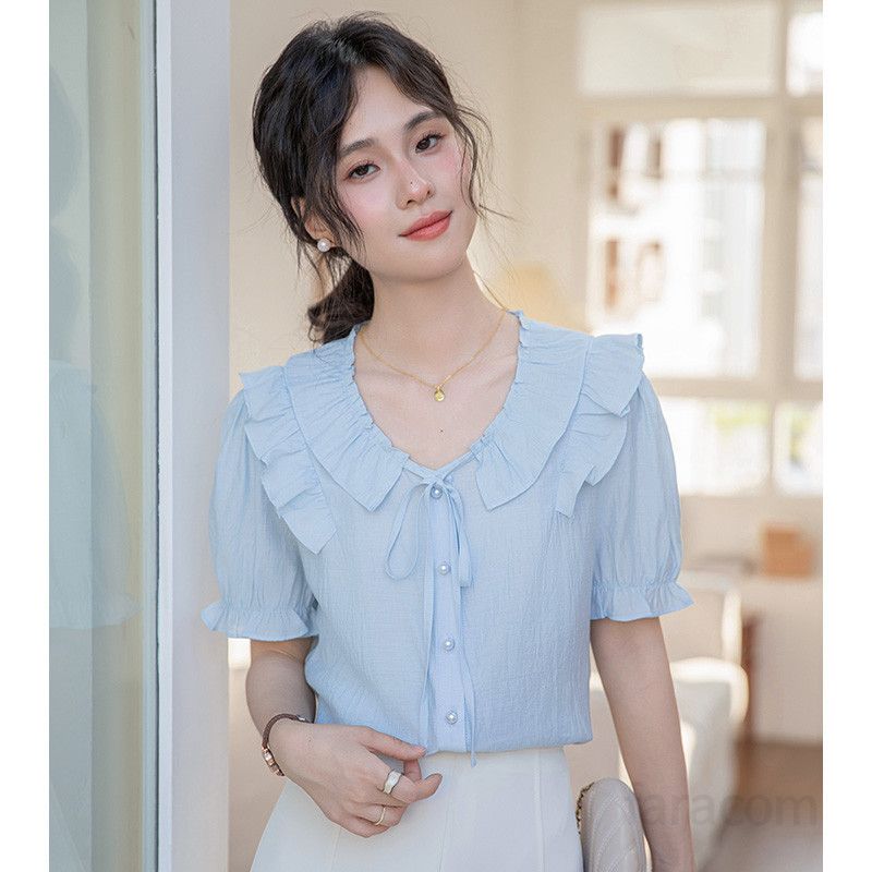 여성 여름 퍼프 슬리브 V넥 반팔 셔츠 시원한 착용감 러플 디자인 데일리룩 캐주얼 스타일 모던한 외출용 블라우스 - 상세 이미지 2