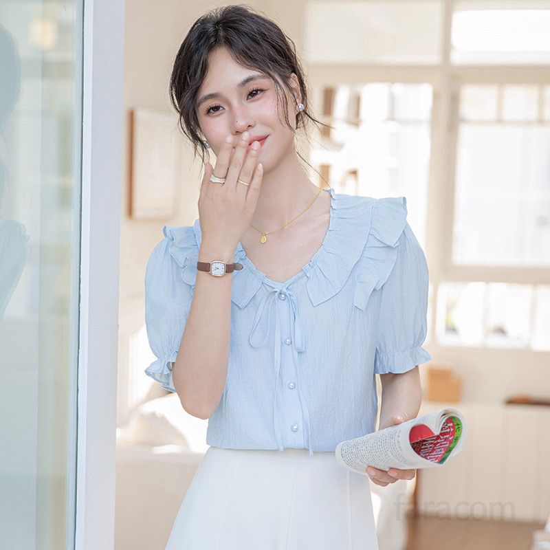여성 여름 퍼프 슬리브 V넥 반팔 셔츠 시원한 착용감 러플 디자인 데일리룩 캐주얼 스타일 모던한 외출용 블라우스 - 상세 이미지 3
