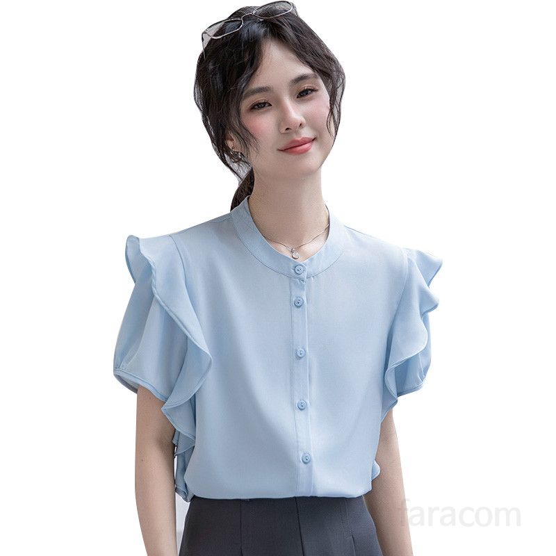 여성 쉬폰 블라우스 여름용 반팔 셔링 셔츠 고급스러운 루즈핏 시원한 착용감 데일리 캐주얼 스타일 오피스룩 활용 가능 - 상세 이미지 5
