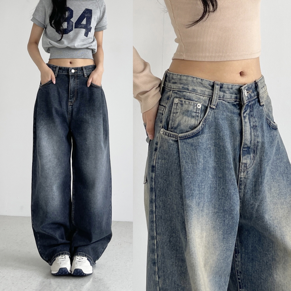 핀턱 와이드청바지 여성 가을 벌룬핏 데님팬츠 빈티지워싱 진청 흑청 벌룬오프진