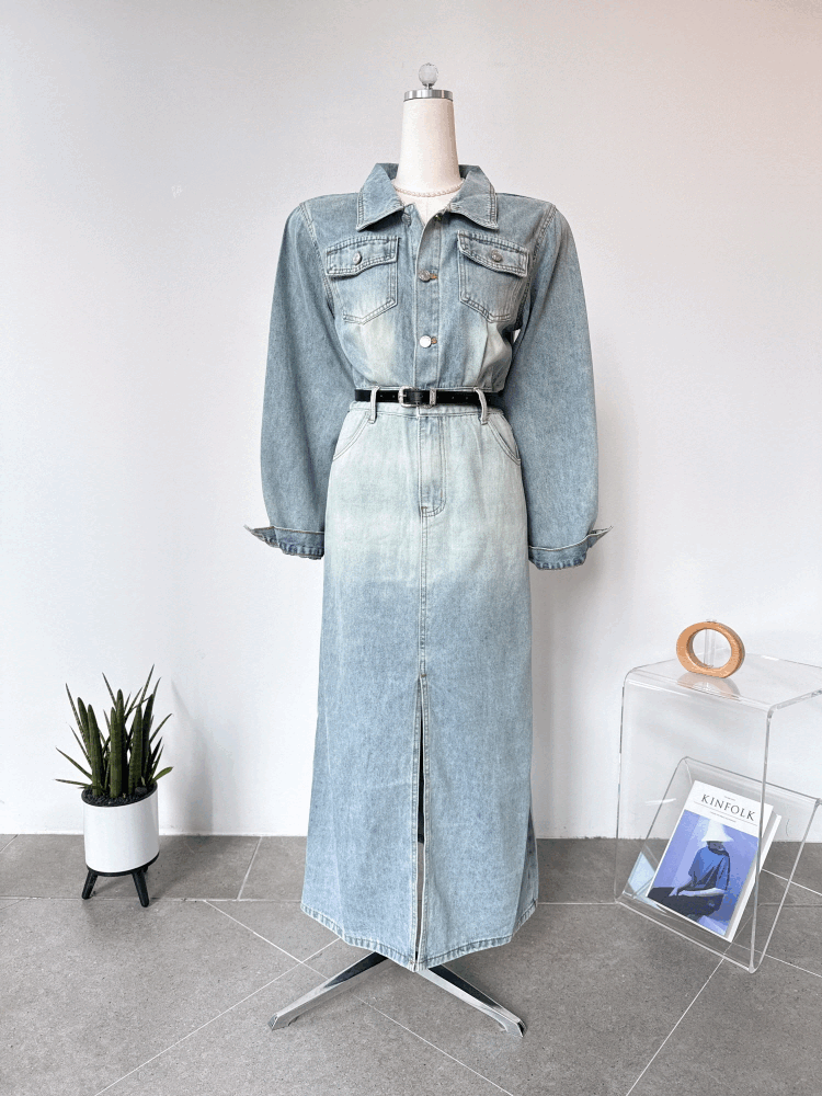 워싱 트임 투포켓 벨트 데님 롱원피스
