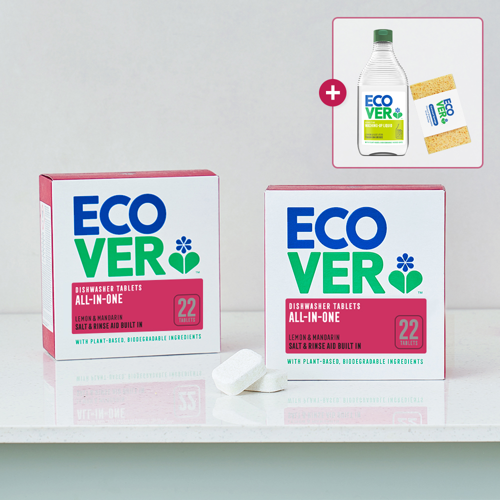 에코버 올인원 식기세척기세제 레몬 만다린 22개입 2개+주방세제 450ml+수세미 1개세트 - 상품 이미지