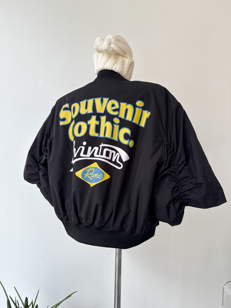 루즈핏 소매 셔링 레터링 블루종 항공 점퍼