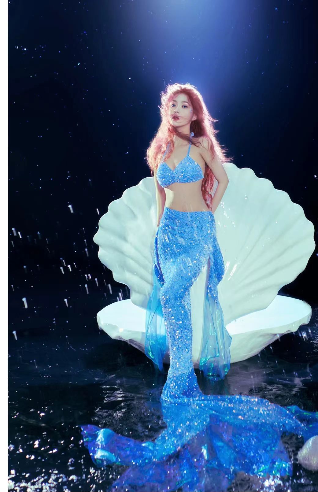 머메이드아웃핏 프리다이빙슈트 아쿠아리움 인어공주 공연복 하늘색작은반짝이 M - 상품 이미지
