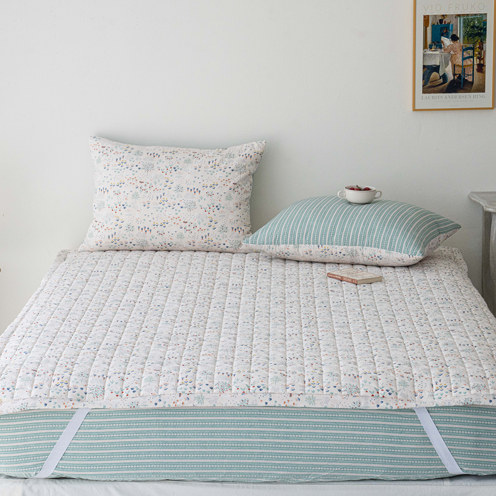 쿠에뜨 모달패드 플라워패턴 그린가든 SS 고정밴드 논슬립 침대패드