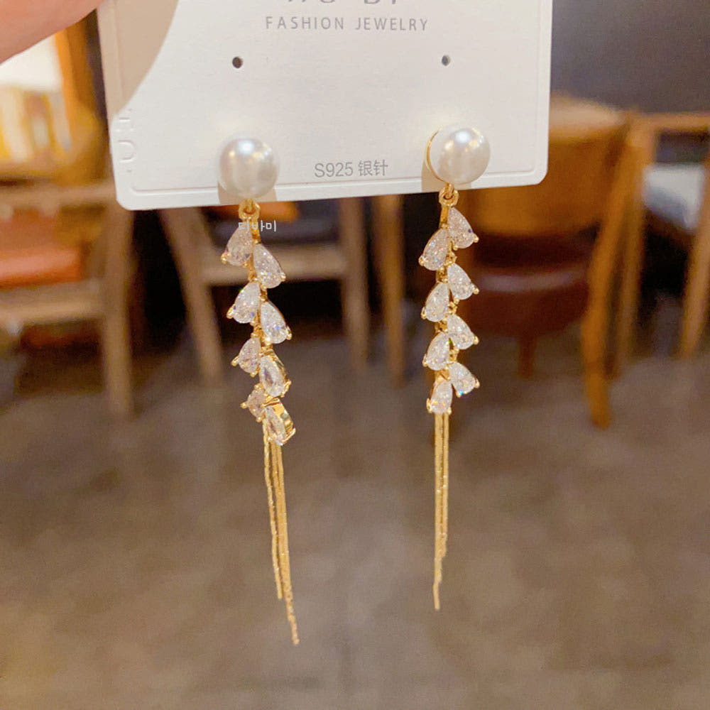 14K 롱 태슬 왕진주귀걸이 지르콘 큐빅 여자 이어링 - 상세 이미지 2