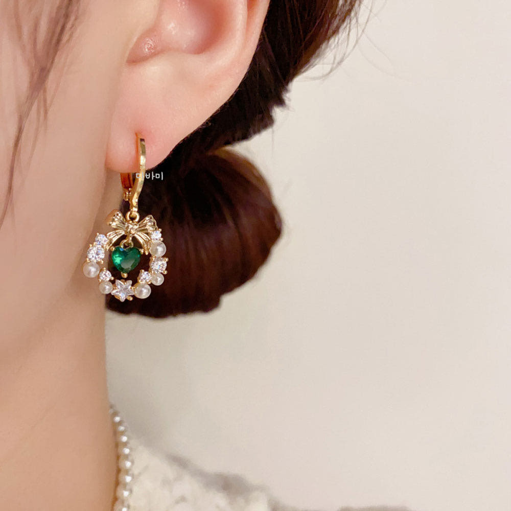 앤틱 그린 하트 큐빅 14K 리본 진주 귀걸이 원터치 이어링 이미지 6