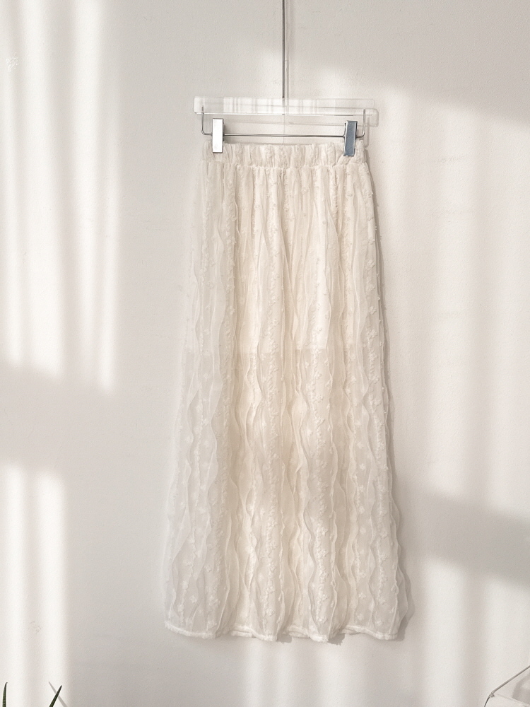 프릴 레이스 팝콘 플라워 밴딩 롱 스커트