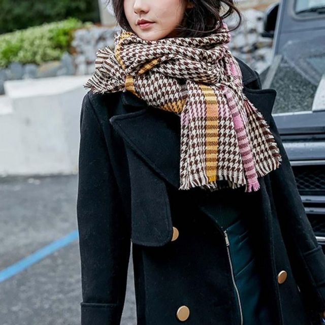 머플러 체크 니트목도리 그레타 브라운 체크머플러 패 - 상품 이미지