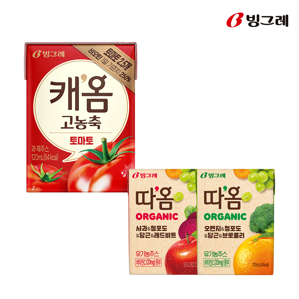 빙그레 캐옴 고농축 토마토 120ml 8팩+따옴 사과 8팩+오렌지 8팩 외 택1 과채주스