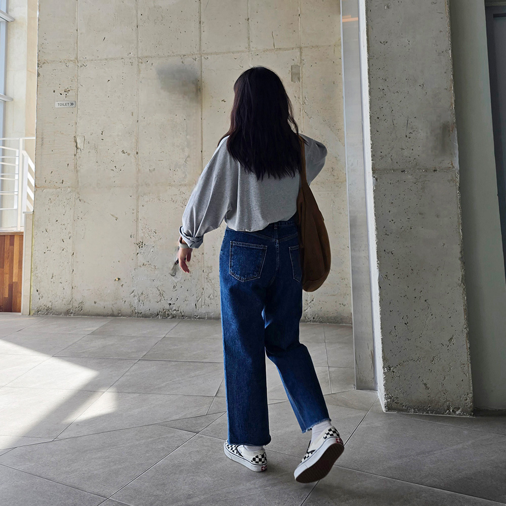 가을 일자핏청바지 키작녀청바지 컷팅 투버튼 데님 여성 크롭진 - 상세 이미지 4