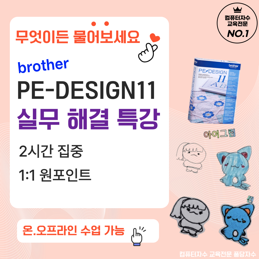 PE-DESIGN11 자수프로그램 2시간 집중 실무 해결 특강(오토펀칭, 벡터이미지 활용) - 메인 이미지