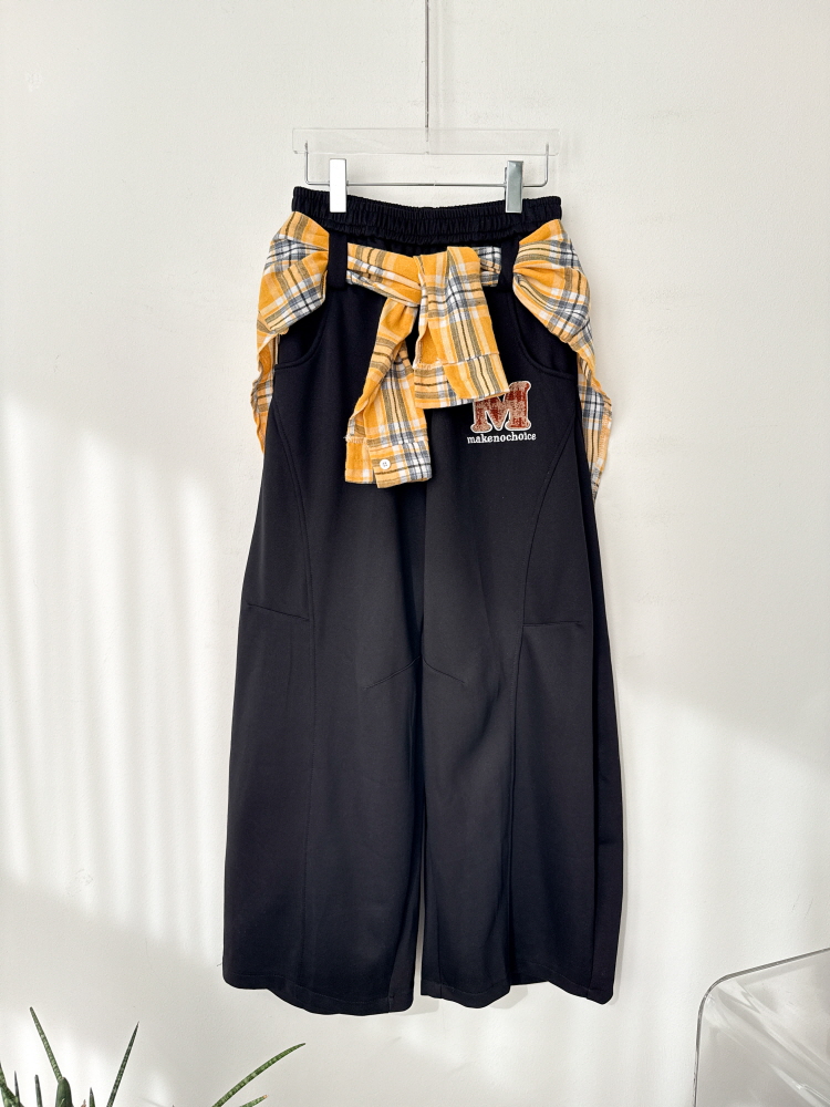 뽀글 패치 체크 힙커버 벨트 항아리 와이드 팬츠 - 상품 이미지