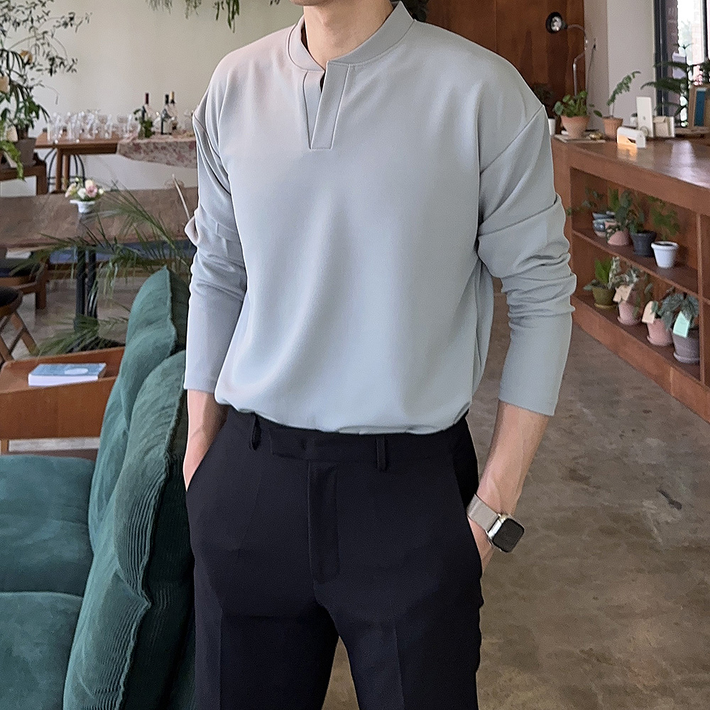 남자 긴팔티 구김없는 헨리넥 차이나카라 피케 남자 카라티