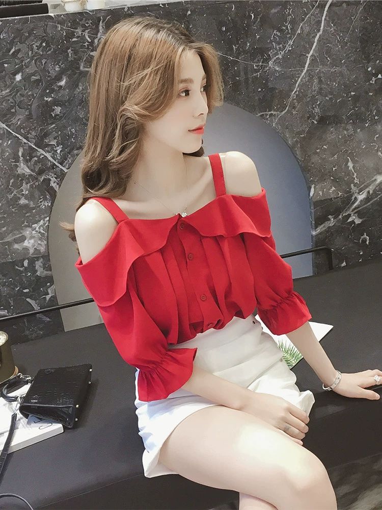 모던 트렌드 여성 중년 오프숄더 루즈핏 여름 브이넥 여름블라우스 프릴블라우스 레이스블라우스 화이트 S - 상세 이미지 3