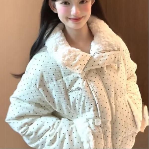 여성 다운 코튼 재킷 가벼운 물방울 무늬 퍼 칼라 스타일 경량 여성패딩 따뜻한 착용감 가을용 캐주얼 숏패딩 데일리룩 패션