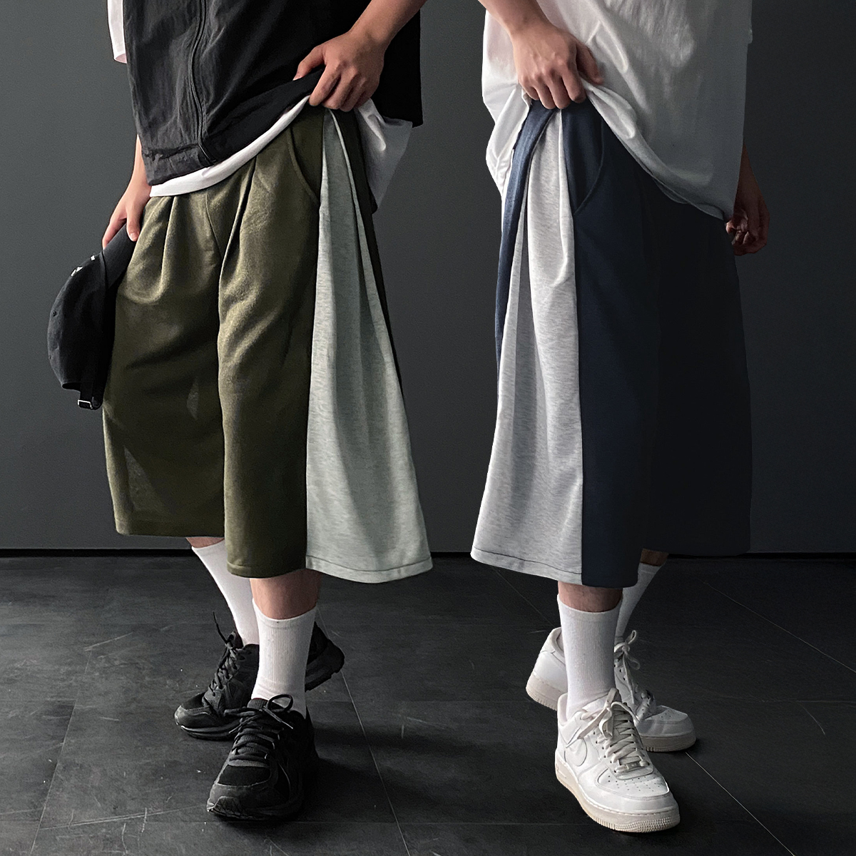 1+1 남자버뮤다팬츠 7부반바지 회색반바지 통넓은바지 - 상품 이미지