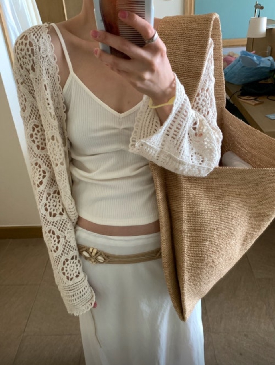 포아로 자수 끈 가디건 펀칭 플라워 크로셰 보헤미안 그물 시스루 브이넥 루즈핏 볼레로 니트 - 상품 이미지